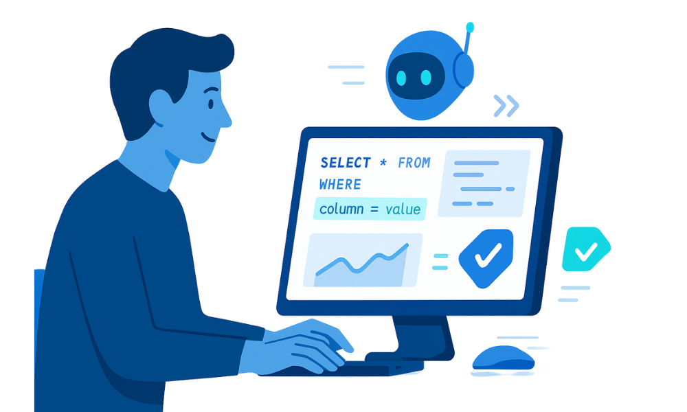 AI-powered analytics assistance showing SQL generation and data visualization